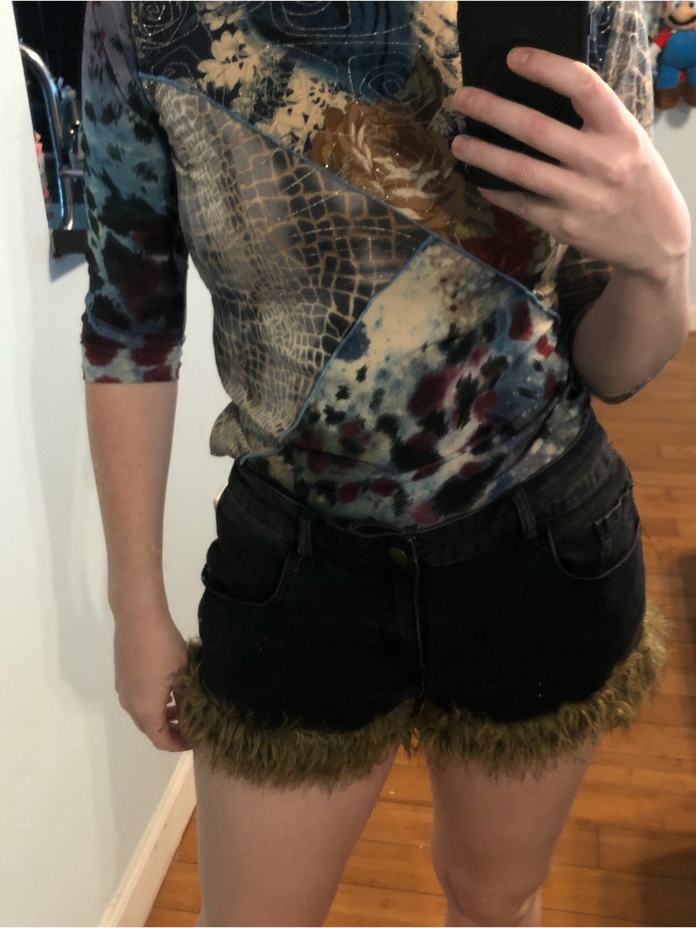 ROMWE Black Denim Shorts with Olive Faux-Fur Trim